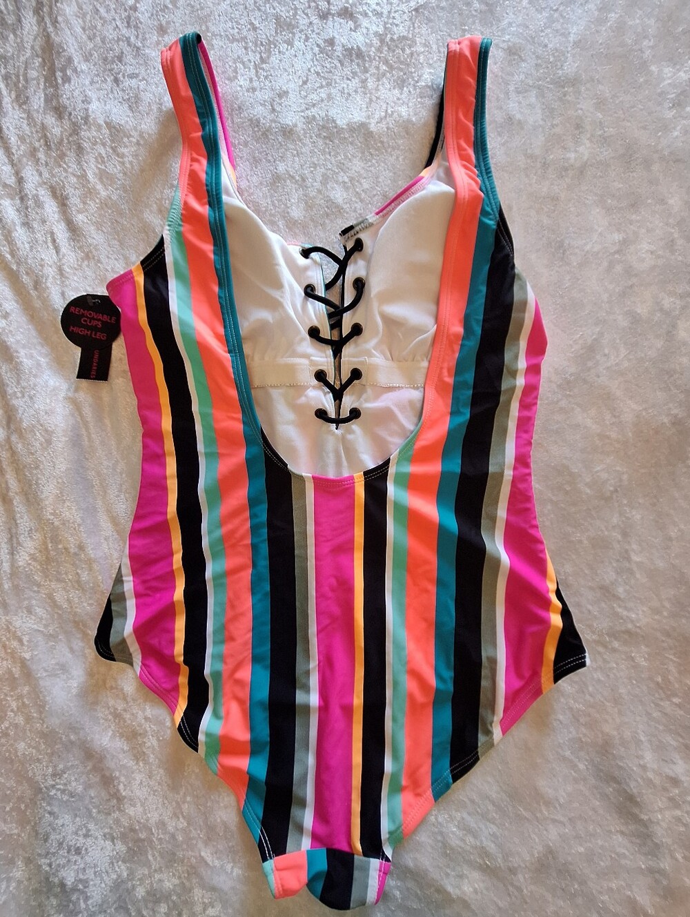 No Boundaries Striped One-Piece Swimming Suit Size L (11-13) pink coral teal - Picture 5 of 11